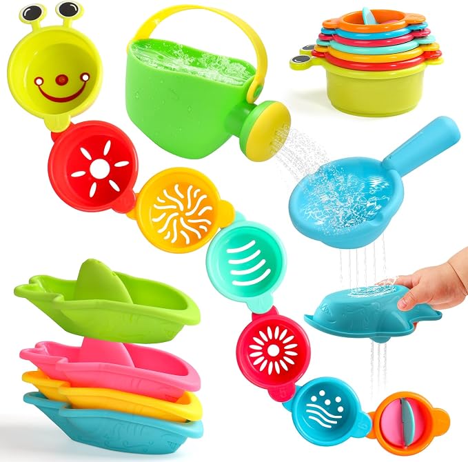 Zeewoo Baby Bath Toys for Kids Ages 1-3 Toddler Bath Toys Mold Free Bathtub Toys for 12+ Months Pool Water Table Beach Sand Toys Stacking Cups Floating Boats for 1+ Years Old Girls Boys Gifts 13 PCS