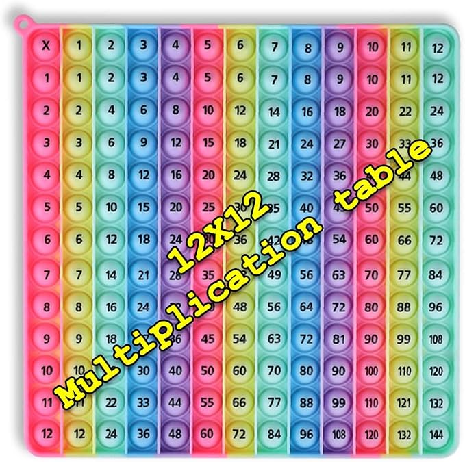 Rainbow Multiplication Table pop Fidget Toys Educational Math Learning Board Game, 12x12 Times Tables Practice, Colorful Silicone Push Bubble Sensory Toy (12 X12 Makar Multiplication Table)