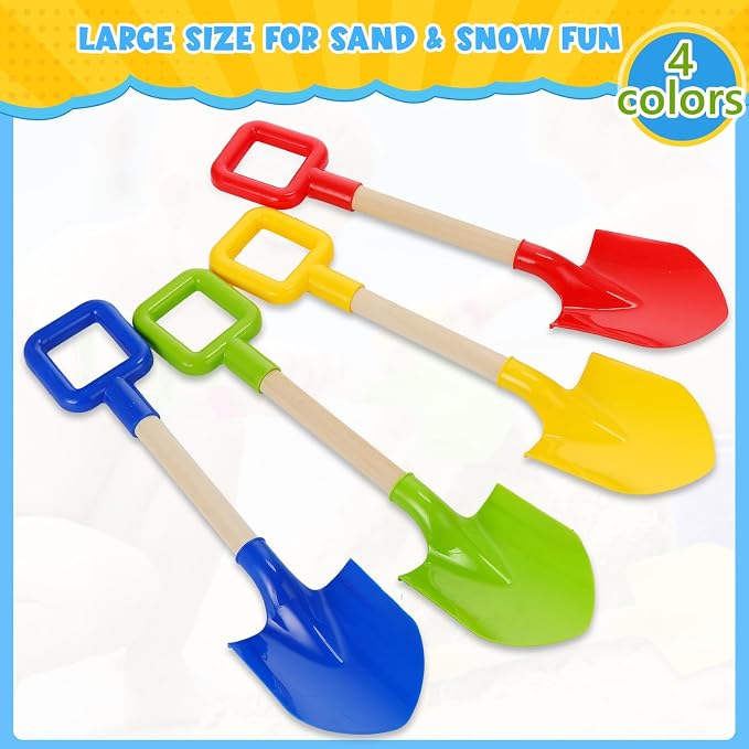 Honoson 4 Pack 16 Long Beach Spades Sand Shovels Toys Gardening Tools Sets Sandbox Sturdy Scoop Durable Wood Handle ABS Plastic Spade for Garden Sand Snow Backyard Summer Favors (Bright Color)