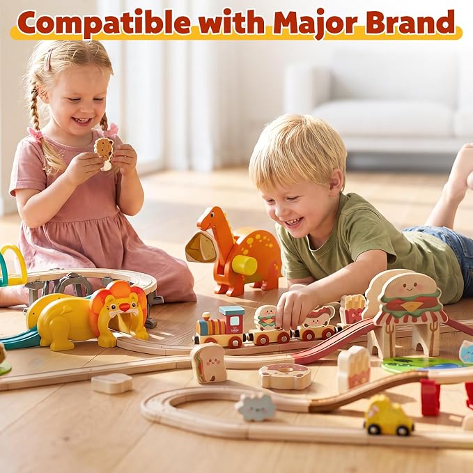 Lehoo Castle Wooden Train Set for Toddlers 2-4, Burger Theme Train Track Set Compatible with Major Brands, Expandable Wooden Railway Toy, Gift for Boys & Girls Ages 3-5