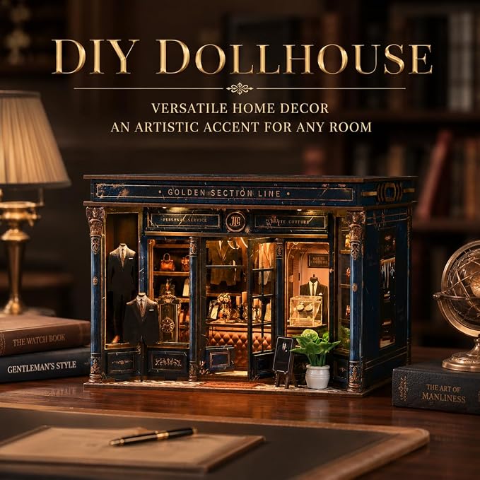 Roroom DIY Miniature and Furniture Dollhouse Kit,Mini 3D Wooden Doll House Craft Model,Creative Room Idea for Valentine's Day Birthday Gift(Book Outside the Book) (Golden Section Line) | Wooden 3D Puzzles for Adults with LED, Bookshelf, Desk and Bedsid...