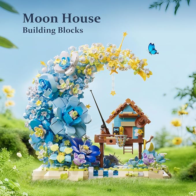 SUNHABI Moon Flower Mini Bricks Building Set, Fairy Cabin and Blue Flower Bouquet, Mini Building Blocks Botanical Collection Set, Unique Home Decor, Gift for Her and Him - 1622 Pcs Mini Bricks
