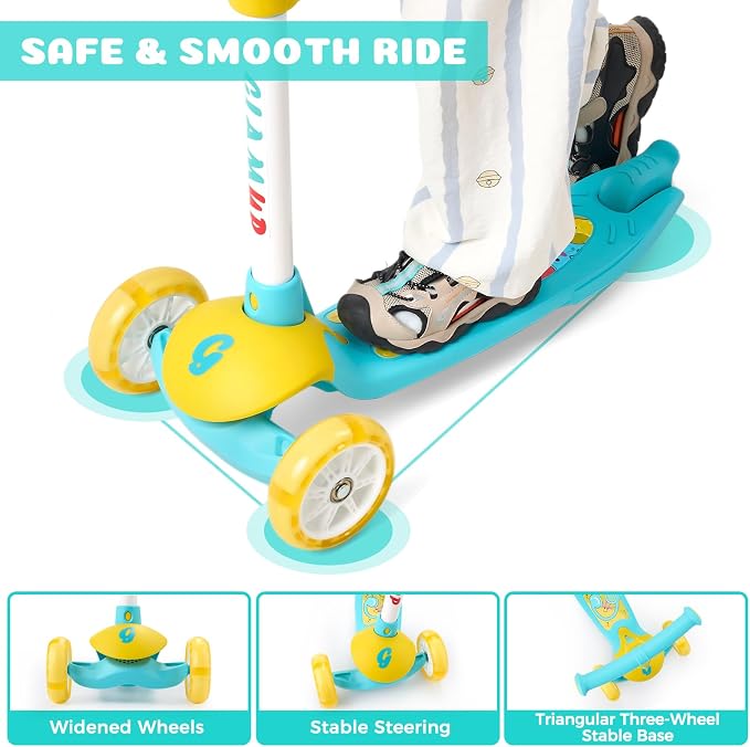 GLAMUP Kids Scooter, 3 Wheel Scooter for Kids Ages 3-12, Adjustable Handlebar, Lean-to-Steer, Foldable Kick Scooter for Boys and Girls