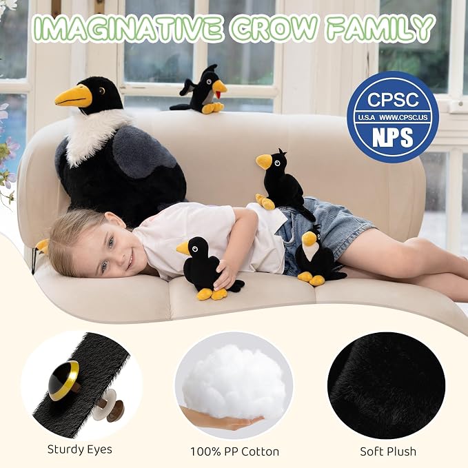 MorisMos Crow Raven Stuffed Animals, 26'' Mommy Raven Plush with 4 Baby Crow Plush Toys for Kid Girl Boy Bird Lover Christmas Birthday Gift, Realistic Black Bird Decor for Halloween Easter Baby Shower