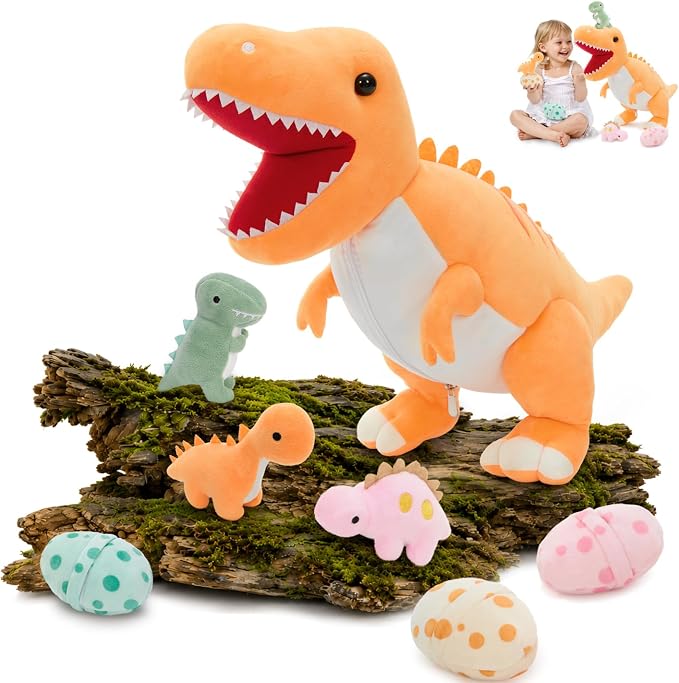 MorisMos Dinosaur Stuffed Animal with Babies,23.6'' Big Mommy Stuffed Dino T Rex with 3 Baby Dino Stuffed Toys & 3 Eggs Plush Inside Belly, Boy Girl Dinosaur Toys for Kid 3-5,Orange T Rex Toys Gift