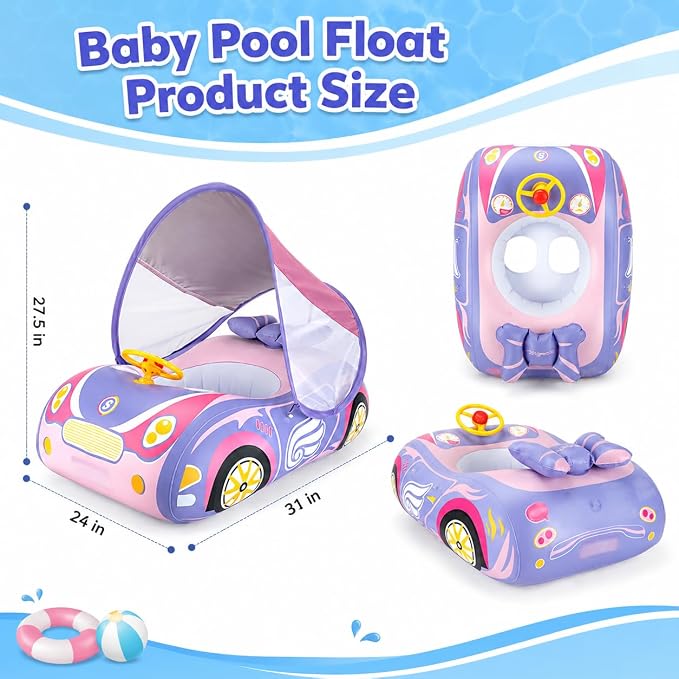 Baby Pool Float Toddler Floaties 3D Car Baby Float for 12-48 Months Inflatable Heavy Duty 0.35mm PVC Seat Boat Pool Toys Float No Flip Swimming Floaties for Boys&Girls1-5 Years
