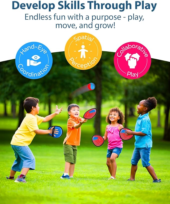 JoyCat Toss and Catch Ball Game for Kids, 4 Paddle Sticky Ball Set, Toddler Baseball Catch Toy, Outdoor Game for Beach, Yard&Camping, Family Sports Easter Basket Stuffer Gift for Boys Girls Ages 3-12