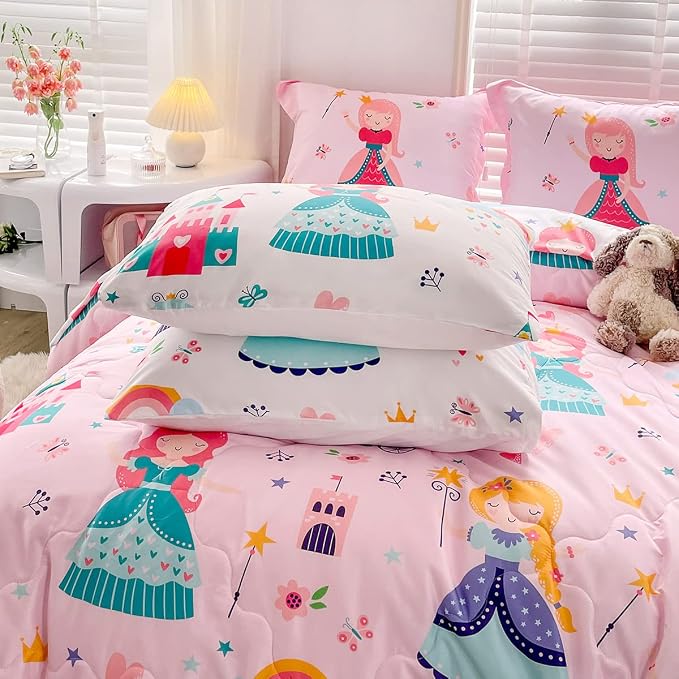 Wajade Kids Pink Princess Comforter Set Bed in a Bag Twin Size 7 Piece Princess Fairy Tales Castle Bedding Set for Girls (1 Comforter, 1 Flat Sheet, 1 Fitted Sheet, 2 Pillowcase and 2 Pillow Sham)