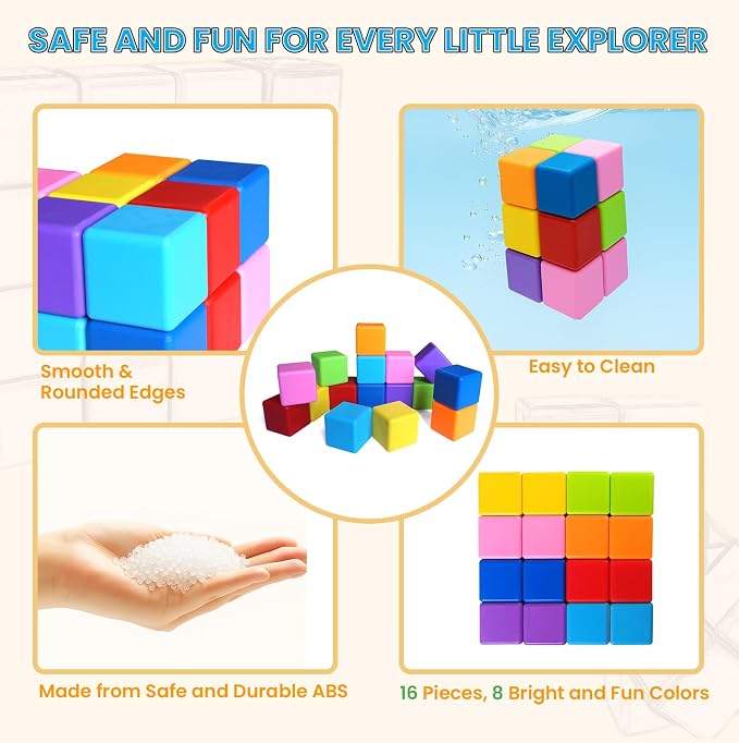 Large Magnetic Building Blocks, 8 Colors 1.65 Inch Magnetic Blocks for Toddlers 1-3, Magnet Cubes Sensory Stacking Learning Toys, Birthday Gifts for Boys and Girls, 16PCS