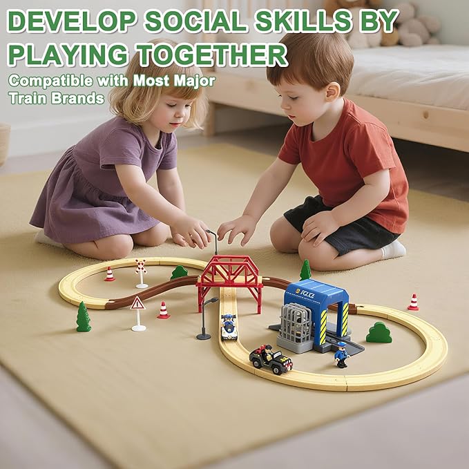 Wooden Train Set for Toddlers, 52Pcs Train Toy with Railway Track for Kids, Wooden Train Tracks Include Expansion Pack Compatible with Thomas, Brio, Chuggington