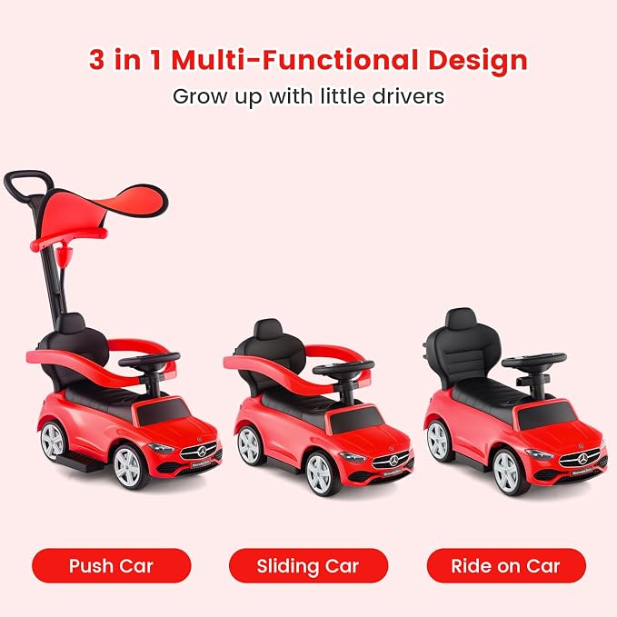 OLAKIDS Push Car for Toddlers, 3 in 1 Licensed Mercedes Benz Baby Sliding Walking with Parent Control Handle Adjustable Canopy Guardrail Under Seat Storage, Kids Ride on Toys with Horn (Red)