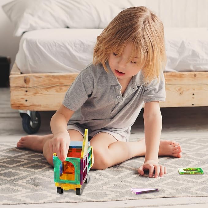 Magnetic Tiles Car Building Kit for Toddlers, 4 PCS Magnet Construction Trucks, STEM Toys for 3-8 Year Old Boys Girls, Educational Vehicle Engineering Set
