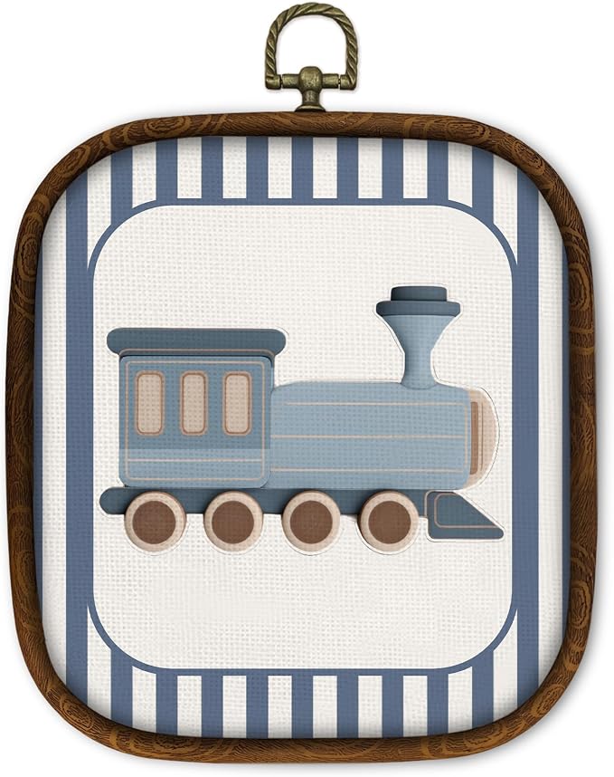 WULQYING Vintage Boy Nursery Train Wall Art Decor, Blue Vehicle Square Framed Canvas Art Prints, Train Decorations Wall Hanging Decor for Home Kids Playroom Bedroom Gallery, 5.7x6.5 Inches