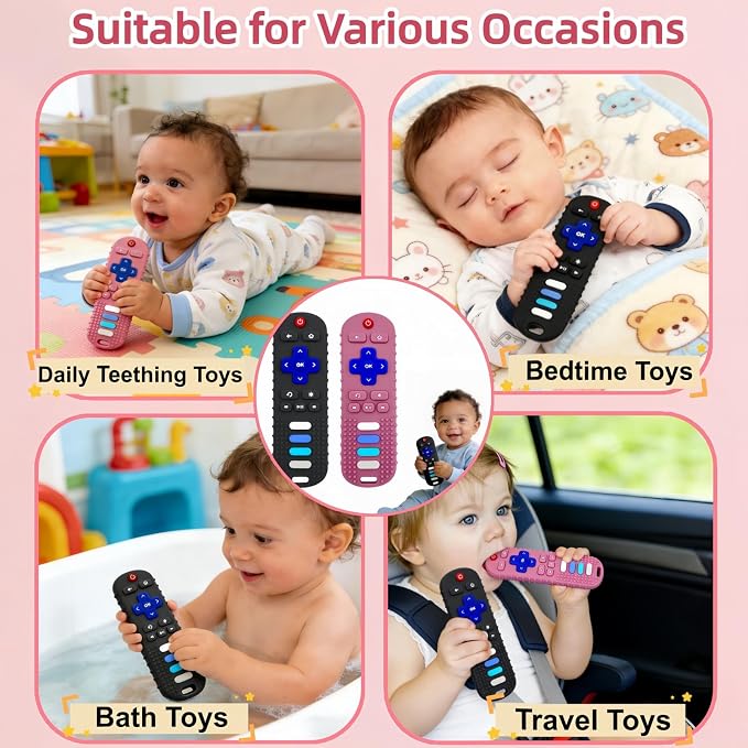 2Pcs Baby Teething Toys, BPA-Free Food Grade Silicone Baby Remote Control Teething Toy for 3-18 Months, Teething Relief Baby Toys, Teething Relief Newborn TV Remote Shaped Toy (Black&Pink)