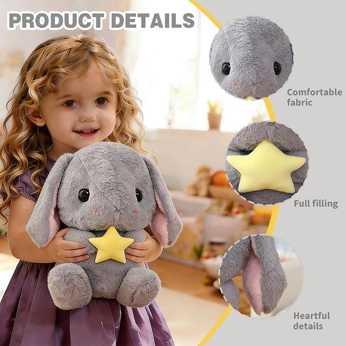 HOUPU Soft Toy - Sitting Lop Eared Rabbit, Easter White Rabbit Stuffed Bunny Animal with Carrot Soft Lovely Realistic Long-Eared Standing Pink Plush Toys (Gray-Star,12.5in/32cm)