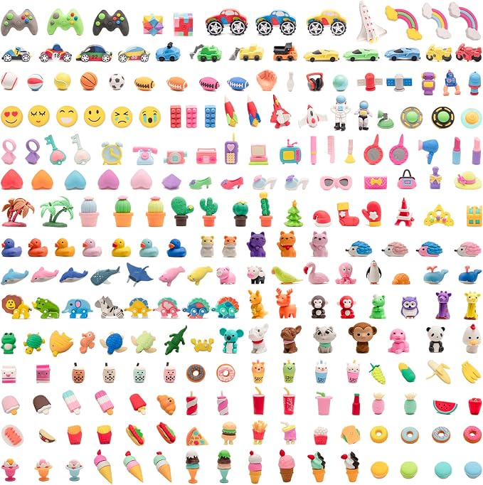 240pcs 3D Cute Kids Erasers, Random Desktop Pet Toys Gifts, Classroom Rewards Kids Party Gifts, Various Styles Such as Animals, Food, Plants, Space, Princess, Sports, Halloween, Christmas