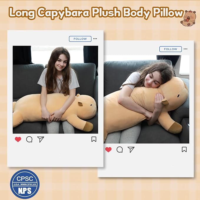 MorisMos 43.3" Long Capybara Plush Body Pillow, Capybara Stuffed Animal, Cute Capybara Pillow Plushie, Sleeping Body Pillow for Cuddling, Perfect Christmas Valentine's Birthday Gift for Kids & Adults