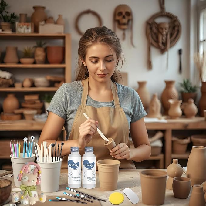 1DFAUL 30Pcs Air Dry Clay Varnish with Sculpting Tools Kit, 2 x 100ml Gloss Matte Clay Glaze for High Luster Scratch Resistant, Waterproof, Pottery Tool kit to Sculpting, Modeling, Shaping