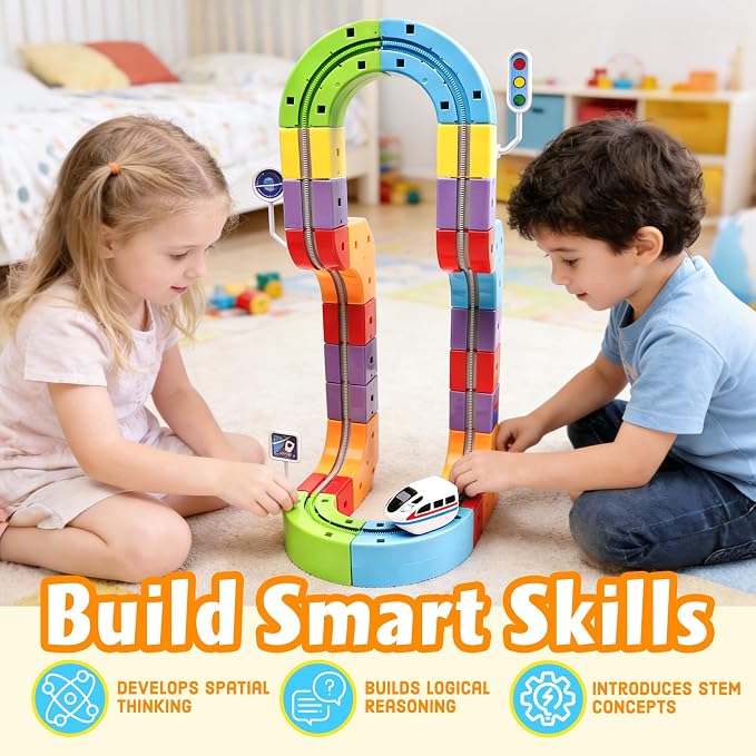Electric Train Set for Kids, 67PCS Modular 3D Infinity Racer Magnetic Train Sets with Motorized Train, 3–8 STEM Building Train Tracks for Creative Learning, Electric Train Set Gift for Boys and Girls