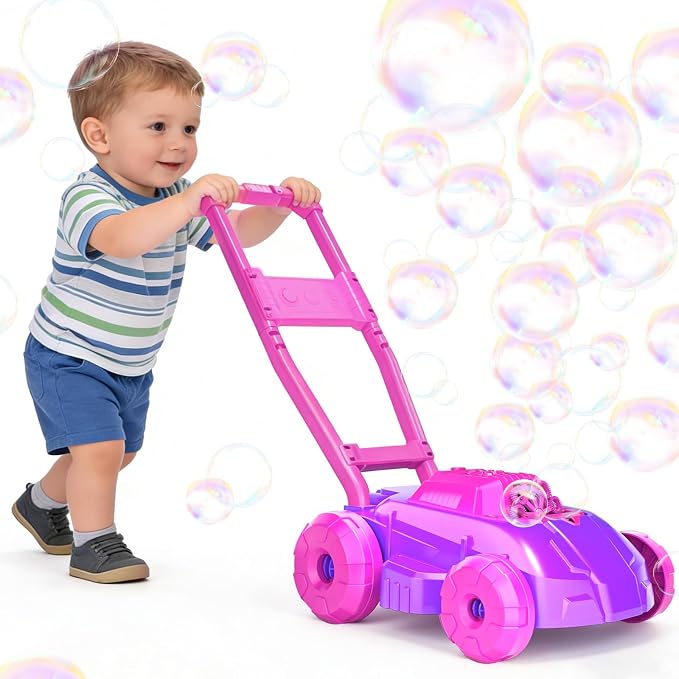 Bubble Lawn Mower for Toddlers 1-3, Automatic Bubble Blowing Machine Pretend Summer Gardening Play Bubble Toys for Age 1 2 3 Year Old Boys Girls Indoor Outdoor Use, Pink