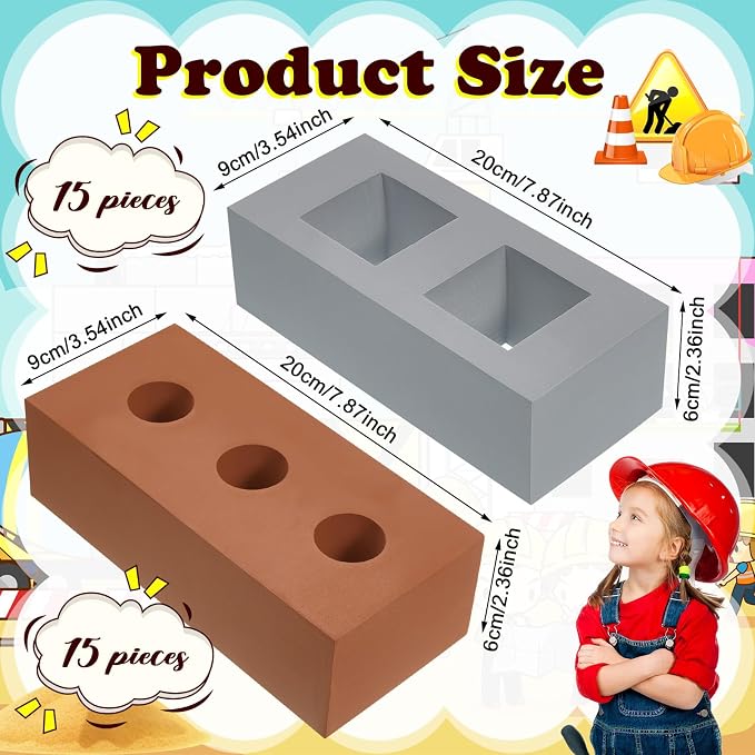 Deekin Foam Brick Building Blocks for Kids Thick Blocks Foam Large Fake Brick Construction Toy for Stacking Construction Gifts, 8 x 4 x 2.4 in(30 Pcs,Square Circle Holes)