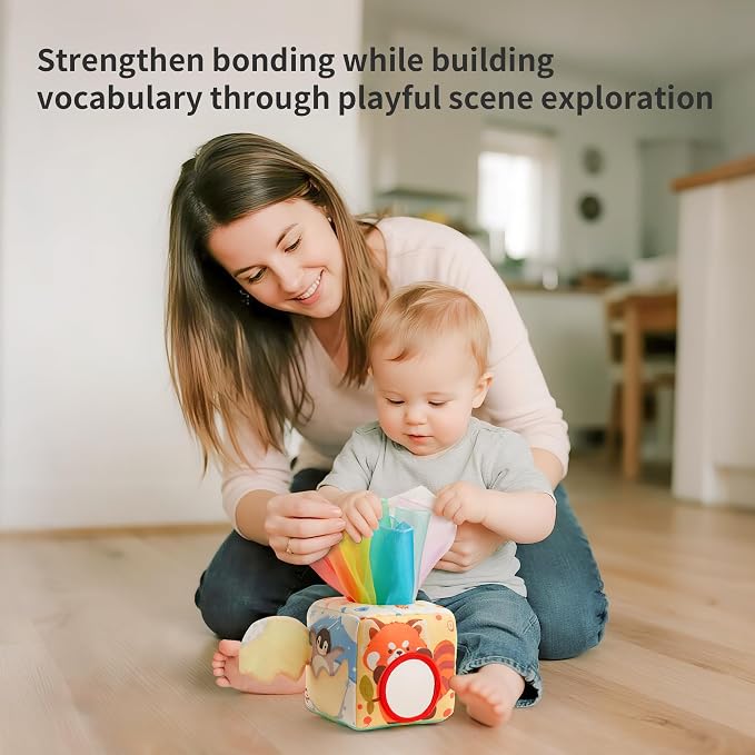 Baby Tissue Box Toy for Babies 6-12 Months - Montessori Sensory Toy | 12 Soft Scarves & 3 Crinkle Tissues | CPC Certified BPA-Free | 6-Sided Cube | Boosts Fine Motor Skills | Travel & Baby Gift