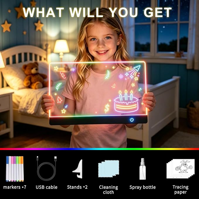 LED Drawing Board for Kids, 13.7" Light Up Doodle Board with 8 Color Modes, Thickened Scratch-Resistant Dry Erase Note Board, USB Powered Glow Art Pad, Complete Art Set, Birthday Gifts for Boys Girls