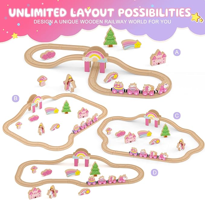 Wooden Train Set, Magnetic Pink Unicorn Toys Train Track for Toddler 3-6 | Princess Toddler Toys for 3 4 5 6 Year Old Girl Birthday Gifts