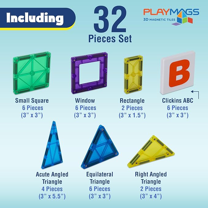 Playmags Magnetic Tile Set, 32-Piece Magnets Building Blocks for Kids, Bonus Clickins ABC Tiles -– STEM Learning Toys for Kids – Strong, Durable, Educational Magnet Blocks for Creative Plays