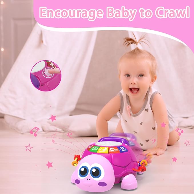 Ussybaby Musical Turtle Baby Toys 6 to 12 Month,Infant Light-up Musical Tummy Time Toy with Phone,Baby Crawling Toys for 7 8 9 12 Months Old,Easter Birthday Girl Gift for 3 4 5 Month+(Pink)