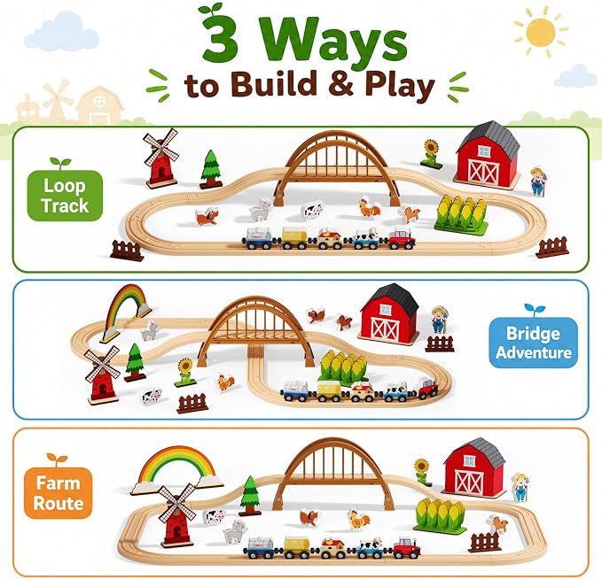 Wooden Farm Train Set,Toddler Toys,Train Set for Toddlers 3-5,Magnetic Train Toys,with Plastic Tracks Compatible with Major Brands Expandable，Sensory Toys for Kids,Ideal Gifts Boys, Girls