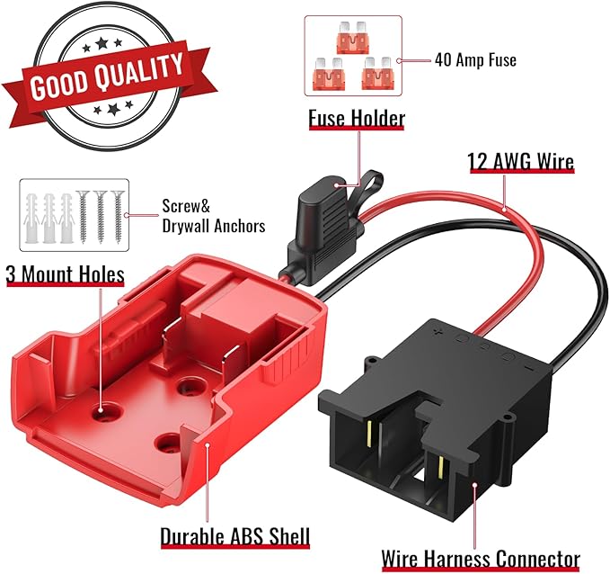 Power Wheel Azocek Adapter Compatible with Milwaukee 18V Battery with Wire Harness Connector Compatible with 12 Volt Power Wheel, 12AWG Wire with 40A Fuse
