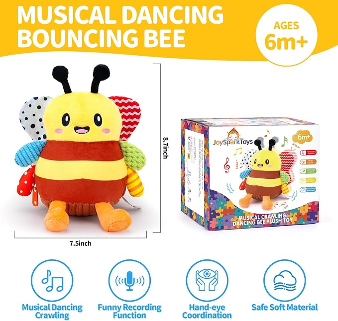 Baby Toys 12-18 Months, Musical Crawling Bouncing Dancing Bee Baby Plush Toy for 1 Year Old Baby Girls Boys, Rechargeable Interactive Baby Sensory Toddler Toys 6-12 Months, 50 Songs & Voice Recorder
