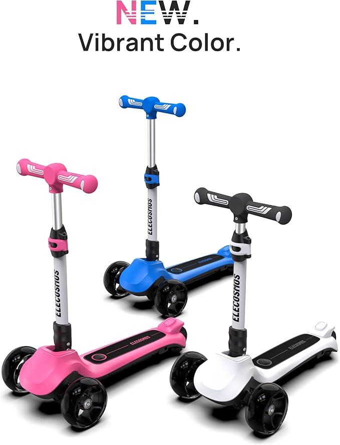 ELECOSMOS Kids Electric Scooter for Age 4-9, Light Up 3-Wheeled Scooter with Big LED Wheels, Wide Flashing Deck, Adjustable Height