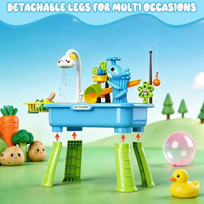 2026 Upgraded Water Table for Toddlers 1-3, Outdoor Water Play Table for Kids Ages 4-8 with Pump, Toddler Water Table, Play Sink with Running Water, Kitchen Sink Toy, Fishing Game, Sensory Table, Blue