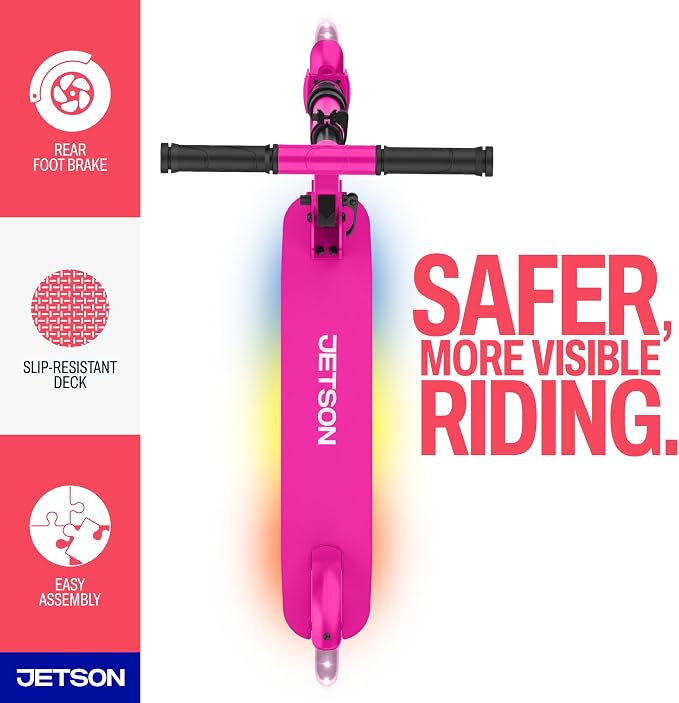 Jetson Jupiter Kids 2-Wheel Light-Up Kick Scooter, LED Lights on Handlebar, Stem, Wheels & Deck, Adjustable Handlebar, Rear Brake, Easy-Folding Mechanism, Ages 5+