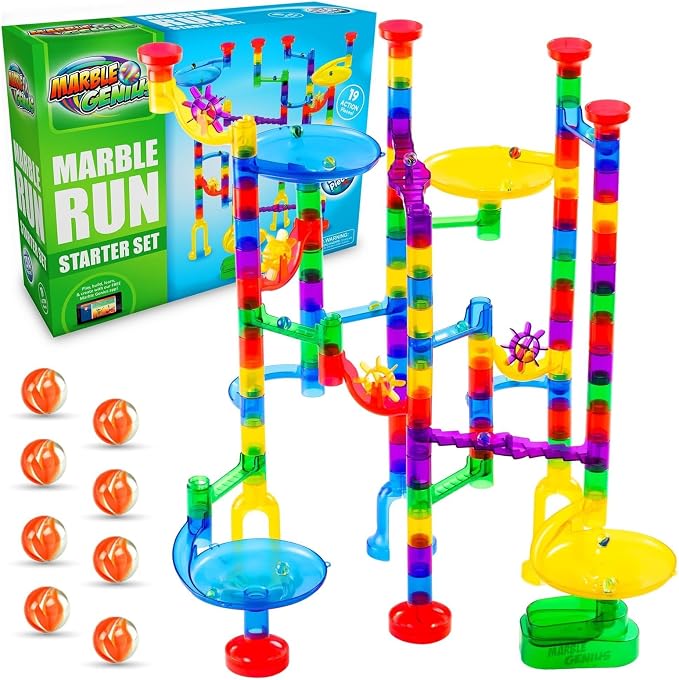 Marble Genius Marble Run Starter Set, STEM Toys & Maze Construction Building - 130 Translucent Track Pieces & Glass Marbles for Family, Kids Toddlers Ages 4-8 - Fun Gifts