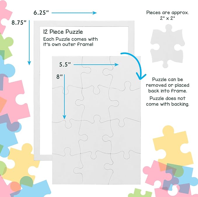 Hygloss 12 Blank Jigsaw Puzzles – 5.5 x 8 Inch, 12 Pieces Each – DYI Party invites, Perfect for Decorating, Kids' Activities, Arts & Crafts or Party Favors - Puzzle Pieces to Draw On for Crafts