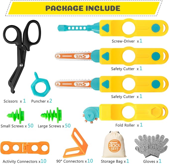 Cardboard Tools for Kids, 129 PCS Cardboard Construction Kit, Kids Building Set with Safe Serrated Cutter, Crease Roller, Screws & Nuts, Creative STEM Educational Toys Gift for Boys and Girls Age 5+