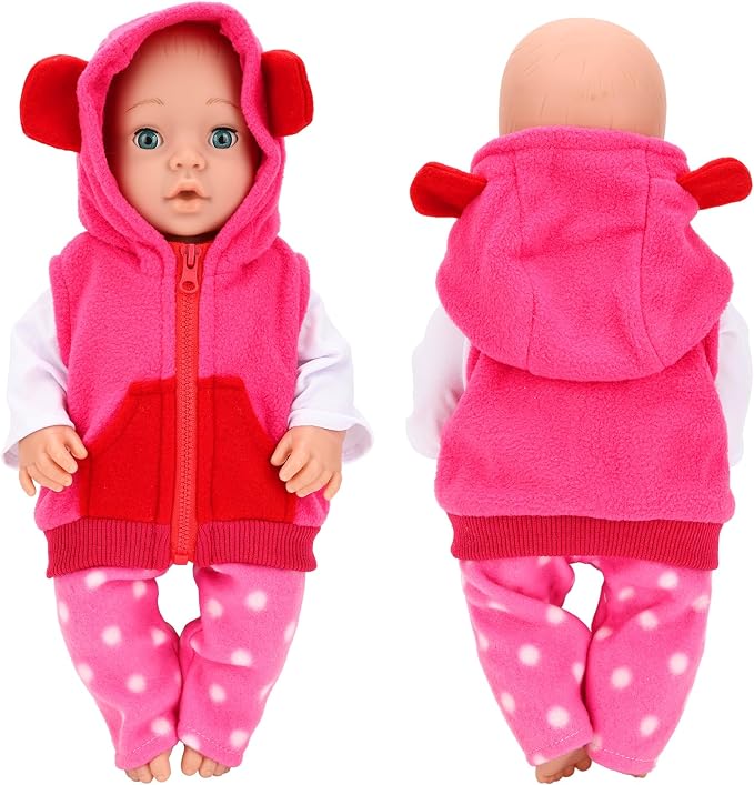 4 PCS Baby Doll Clothes and Accessories for 14-16 Inch Born Baby Dolls 1 Pink Hooded Vest with Pants T-Shirt and 1 Hanger Outfit Clothing Set for Dolls