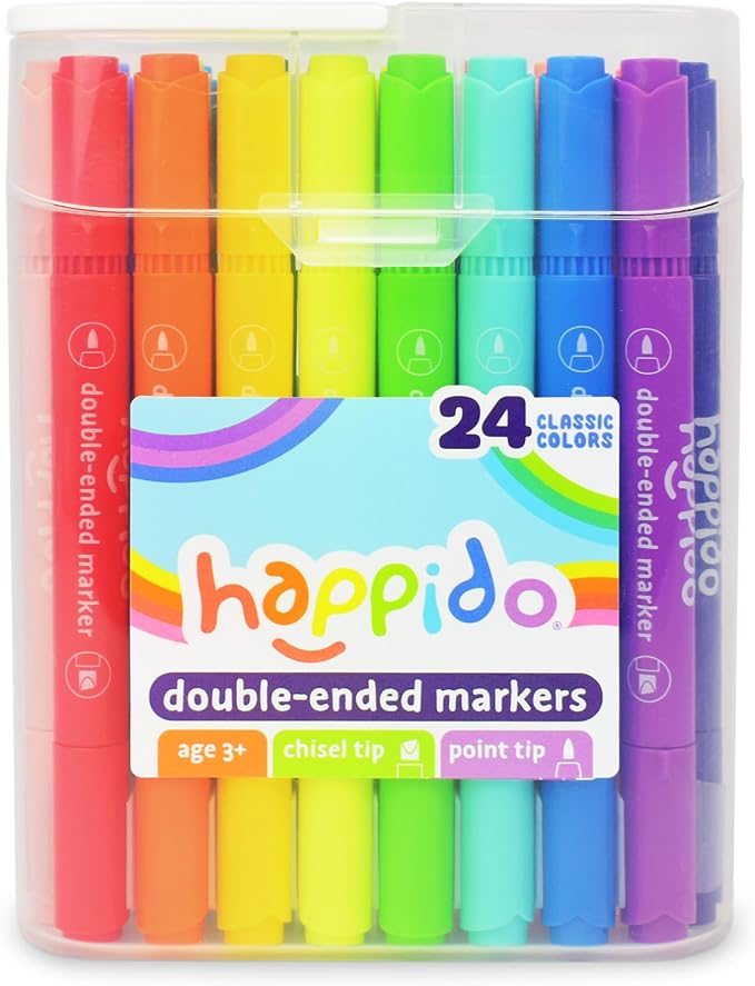 International Arrivals Double Sided Marker Sets for Kids Happido, Set of 24 Water Based Non Toxic Markers with Case, Great School Supplies, Art and Stationery Set