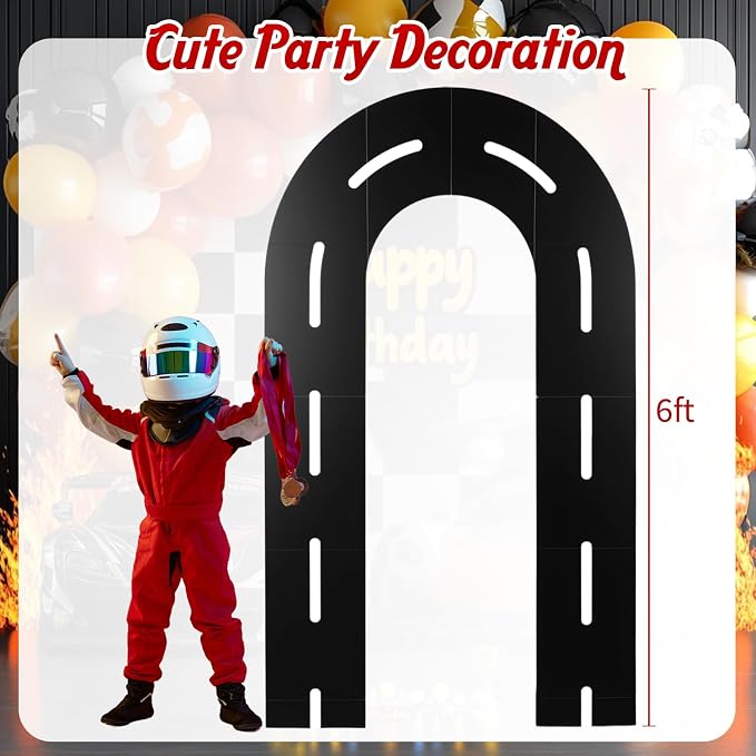 Zhanmai Racing Party Backdrop Decor Open U Shaped Race Track Arch Backdrop Stand with Weighted Water Bag Racetrack Pre-Cut Foam Board Set for Race Car Road Go Kart Birthday Games Party(6 ft)