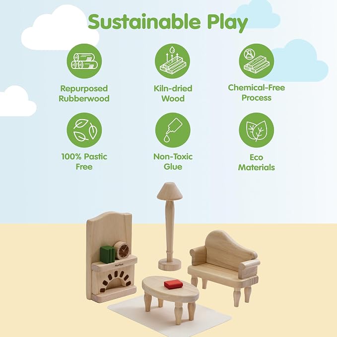 PlanToys® Wooden Victorian Living Room Set | Montessori Dollhouse Living Space for Social Interaction, Family Play & Imaginative Storytelling | Eco Friendly Wooden Dollhouse Living Room Furniture
