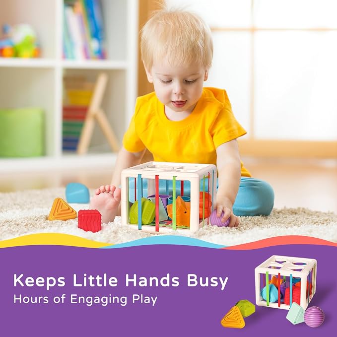 LiKee Montessori Toys for 1 Year Old Multi Sensory Shapes, Toddler Developmental Learning Birthday Gifts, Baby Toys 12+ Months (Shape Sorter Cube)
