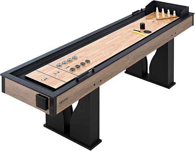 VEVOR 7ft 9ft 12ft Shuffleboard Table 2 in 1 Shuffleboard and Bowling Combo Set, Shuffle Board with Scratch-Resistant Playfield, Pucks, Bowling Set, Wax, Brush for Family Game Rooms