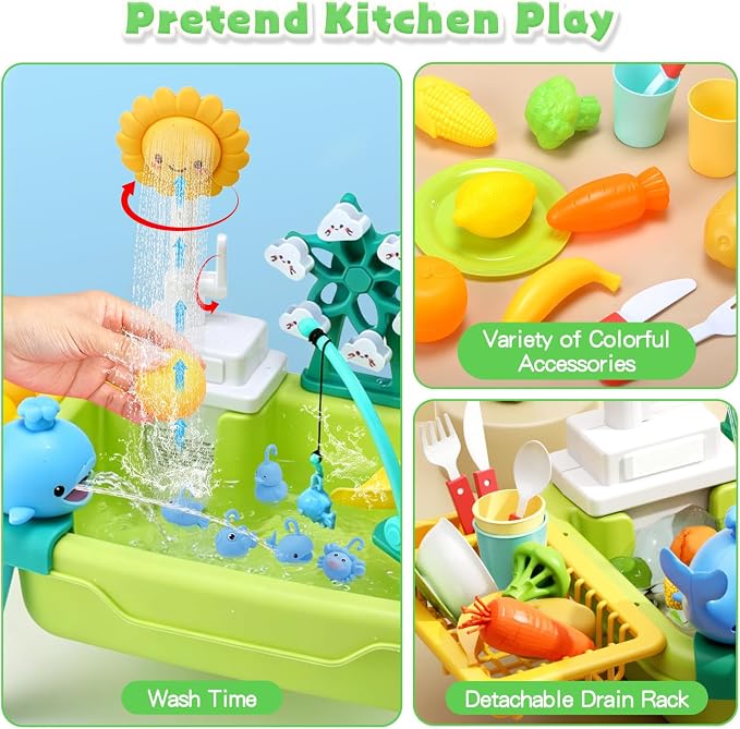 CUTE STONE Toddler Water Table for Kids, Kitchen Sink Toy with Running Water & Fishing Game,Water Play Table for Backyard Beach Pool, Summer Gifts for Boys Girls-Dinosaur