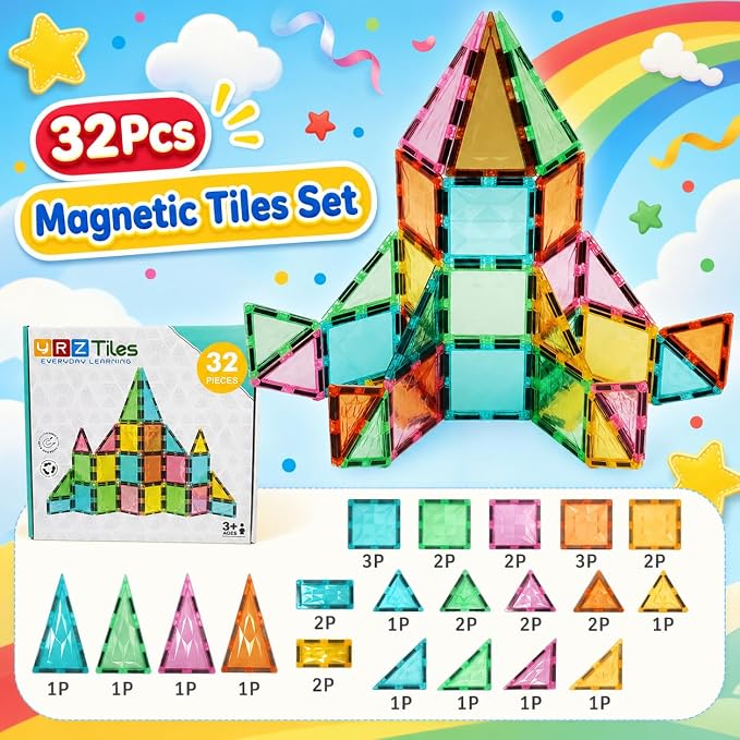 Magnetic Tiles,Magnet Building Blocks Construction Stacking Educational Toy Creative Playboard for Kids Ages 3+ (032 Pieces)
