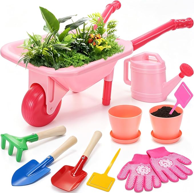 CUTE STONE Kids Gardening Tool Set, Pink Wheelbarrow with Garden Toys with Watering Can, Gloves, Hand Rake, Shovel, Trowel, Outdoor/Indoor Pretend Play Toys for Toddlers Boys Girls Age 3+
