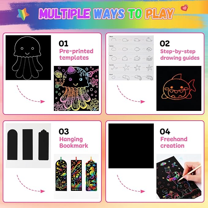 Funtopia 240 Sheets Rainbow Scratch Paper, Color Scratch Art for Kids Ages 4 5 6 7 8 9 10 Girls Boys, Art Crafts Party Favors Drawing Kits with Guide for School Classroom Travel Birthday Party Gifts
