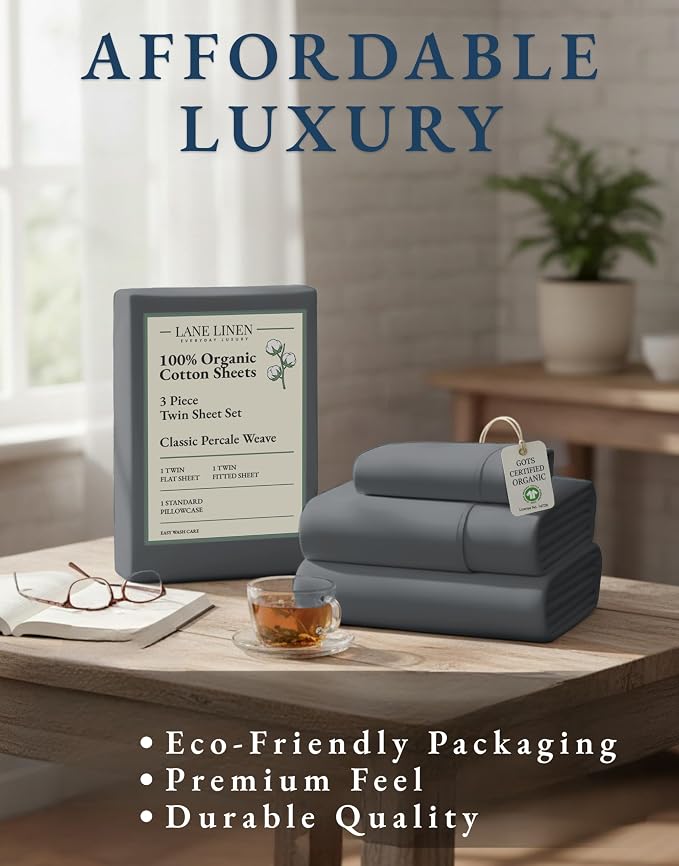LANE LINEN Twin Bed Sheets 100% Organic Cotton Soft 3pc Percale - Charcoal | Twin Sheet Set, GOTS Certified Organic Cotton Percale - Crisp Hotel-Style Feel, Soft From The First Wash, Great For Gifting